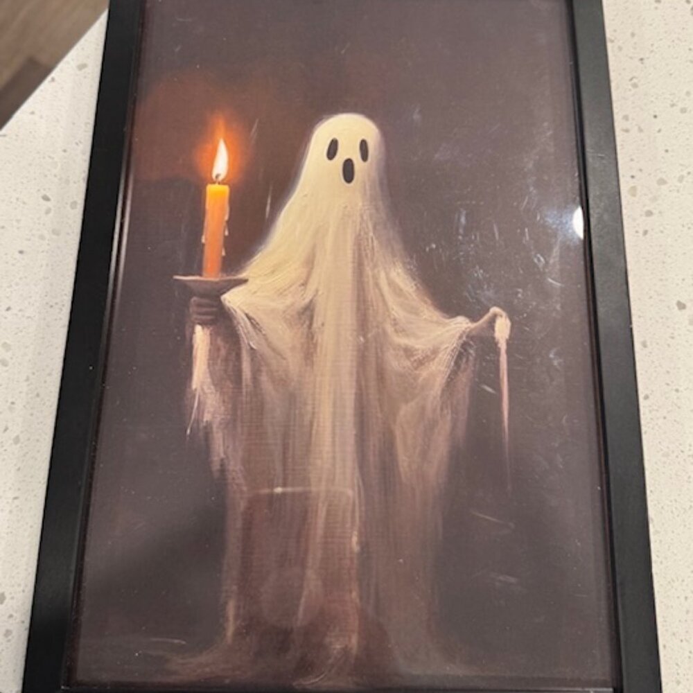 Vintage-Inspired Ghost With Candle Framed Wall Art 8"x12" Black Frame Halloween